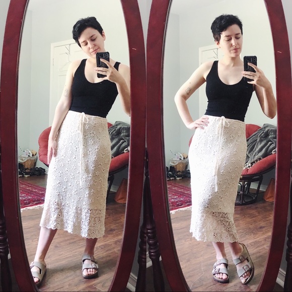 SOLD Rene Derhy • vintage crocheted skirt lace knit drawstring waist midi cream - Picture 3 of 14